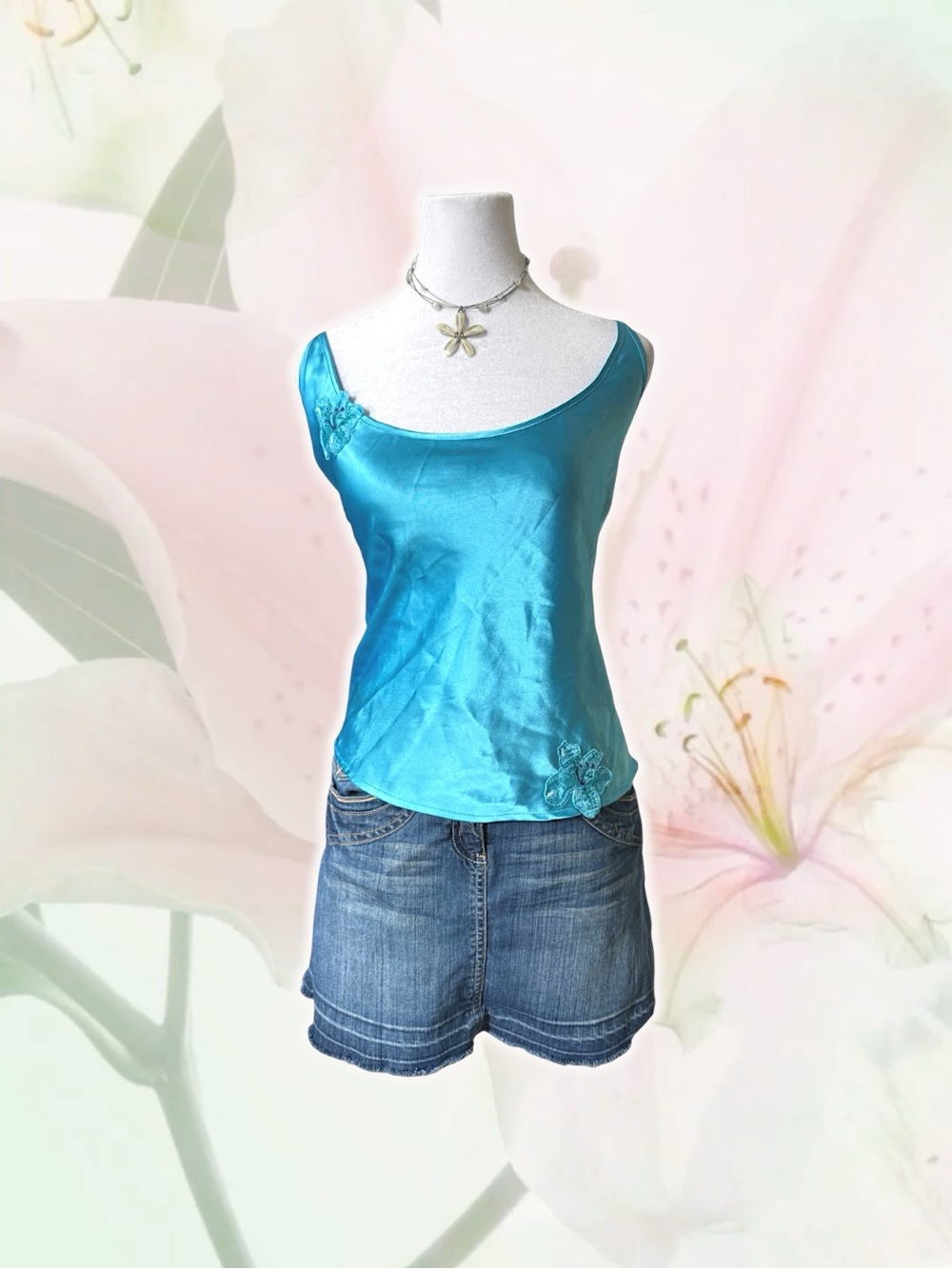 La Senza Satin Teal Floral Embroidered Detail Tank Top